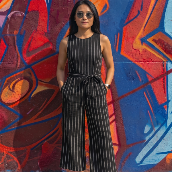 Black Pinstripe Sleeveless Jumpsuit – Elegant Wide-Leg One-Piece