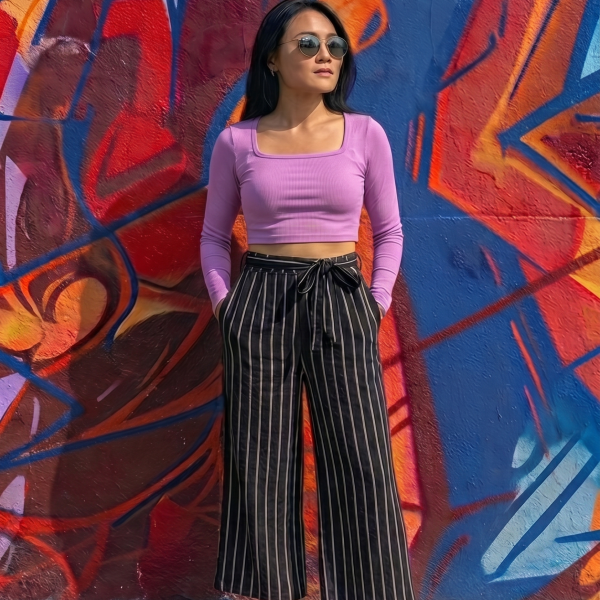 Purple Square-Neck Long-Sleeve Crop Top – Sculpting Ribbed Knit